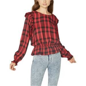 Sanctuary Women's Millie Ruffle Peasant Blouse Red & Black Plaid Size S. NEW